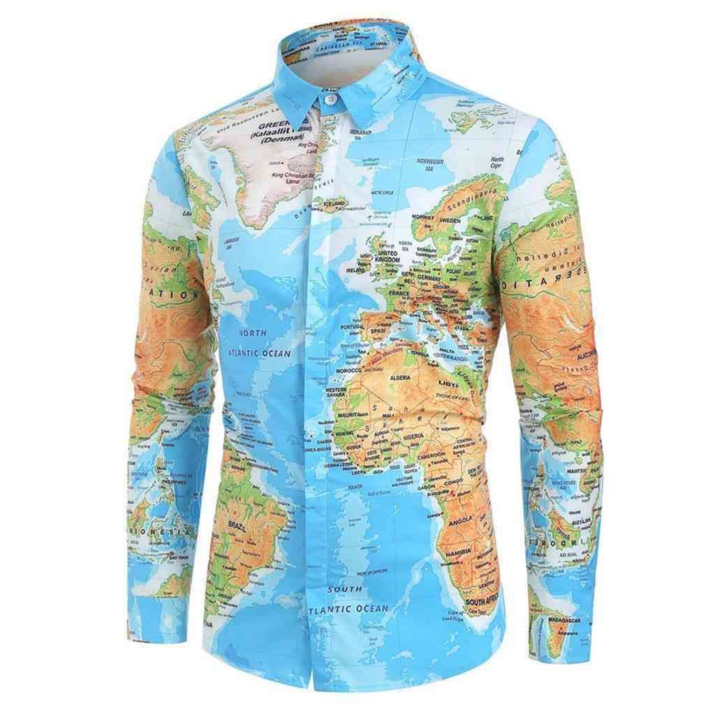 Men's Spring Casual Long Sleeved Shirt With World Map Print