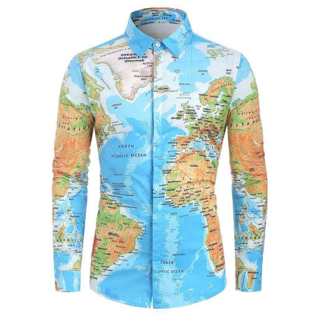 Men's Spring Casual Long Sleeved Shirt With World Map Print