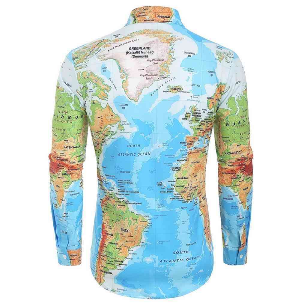 Men's Spring Casual Long Sleeved Shirt With World Map Print