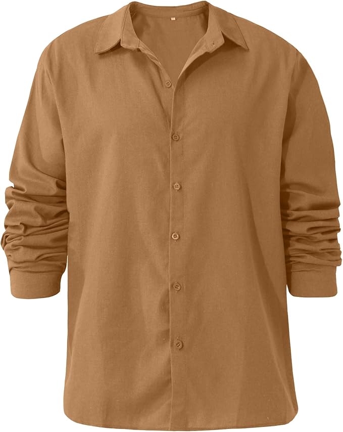 Men's Thermal Casual Cotton Linen Solid Color Long Sleeve Shirts